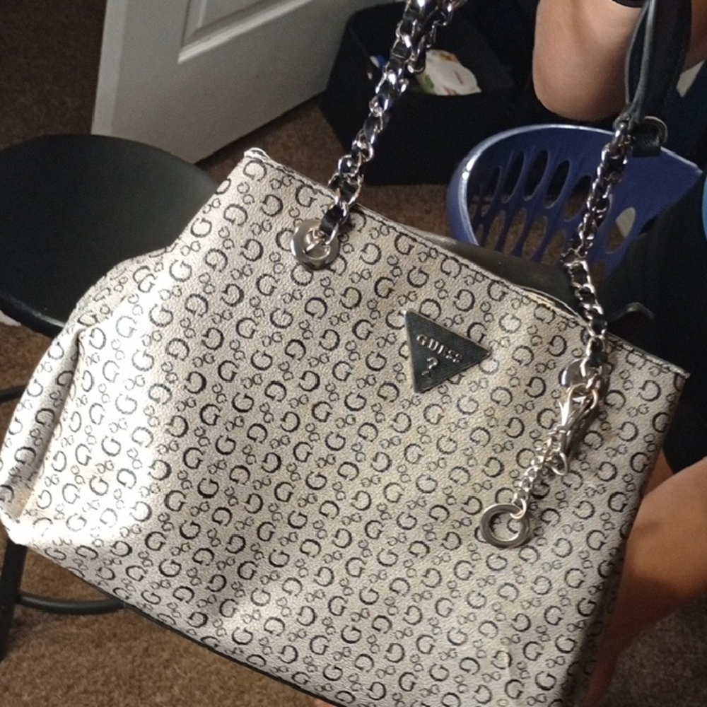Guess Monogram Cream and Black Shoulder Bag